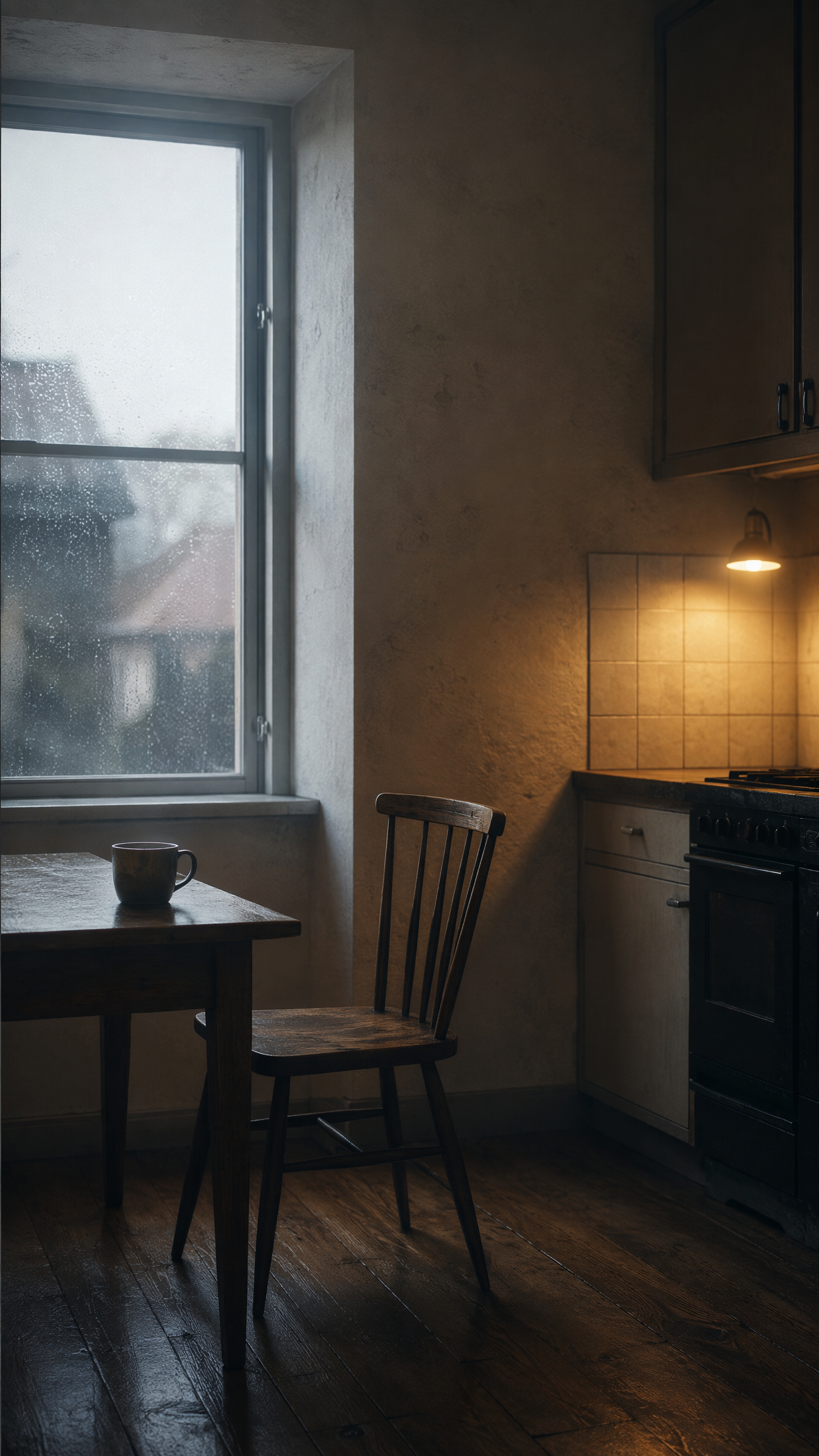 An empty wooden chair beside a small kitchen table at dawn.