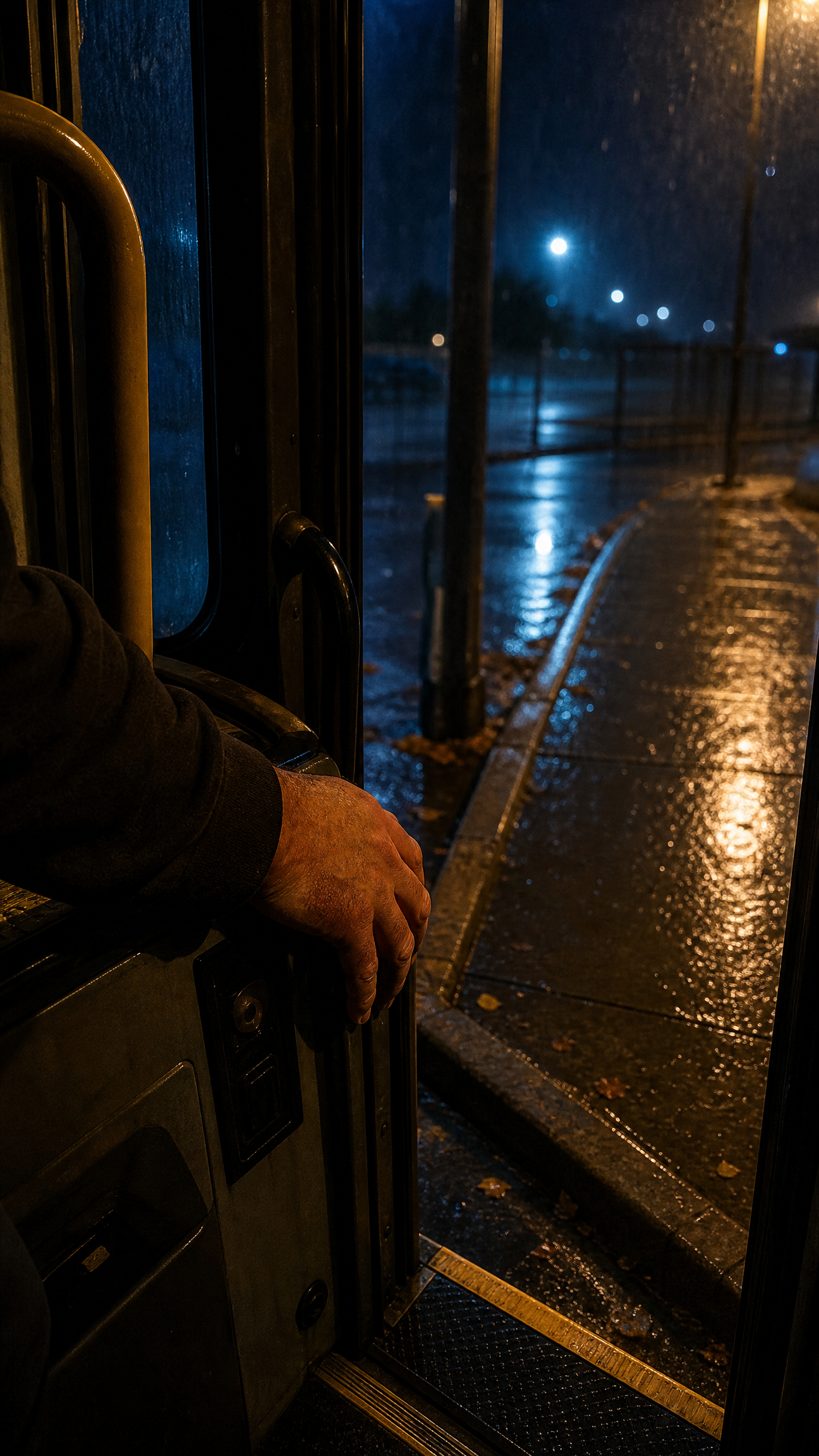 A night-bus doorway held open onto a rain-wet street.