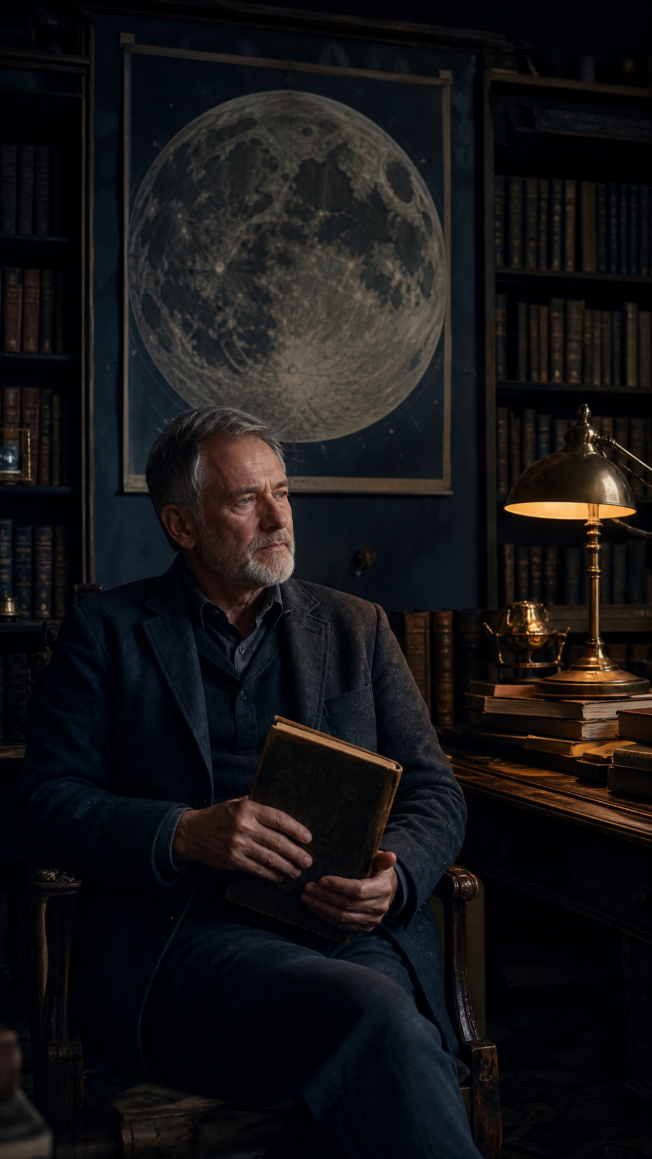 An older reader beneath a moon map holding an aged book in brass light.